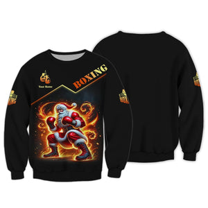 3D Full Print Boxing Santa T-Shirt - Fiery Christmas Fighter Personalized Name Gift For Boxing Lovers, All Over Printed