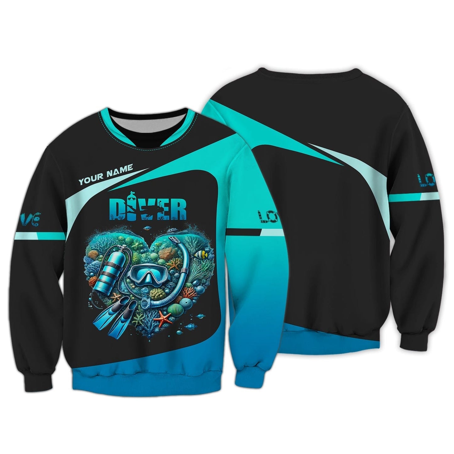 Scuba Diving Heart Custom Name 3D Shirt Personalized Gift For Diver Lovers, All Over Printed