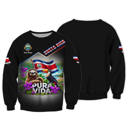 Pura Vida 3D Shirt Customizable With Name Featuring Sloth And Toucan, All Over Printed