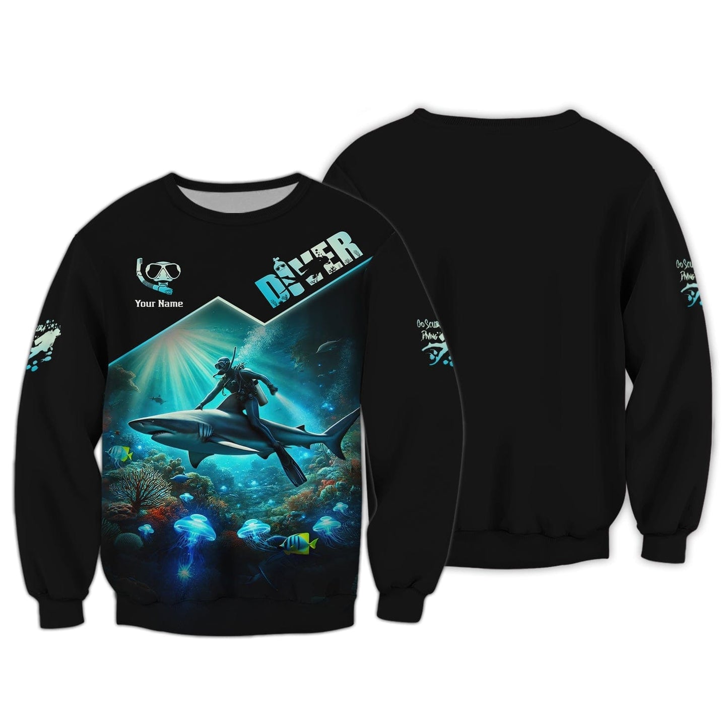 3D Full Print Diver T-Shirt Underwater Adventure With Sharks Personalized Name Gift For Diver Lovers, All Over Printed
