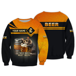 Beer Personalized 3D Shirt I Need Beer Right Meow Custom Name Shirt Gift For Beer Lovers, All Over Printed