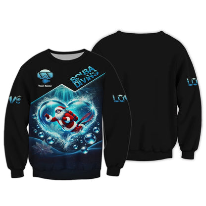 3D Full Print Santa Claus Scuba Diving Heart Shirts Personalized Name Gift For Diver Lovers, All Over Printed