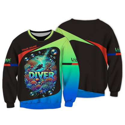 Scuba Diving Custom Name 3D Shirt Diving Into The Ocean Personalized Gift For Diver Lovers, All Over Printed