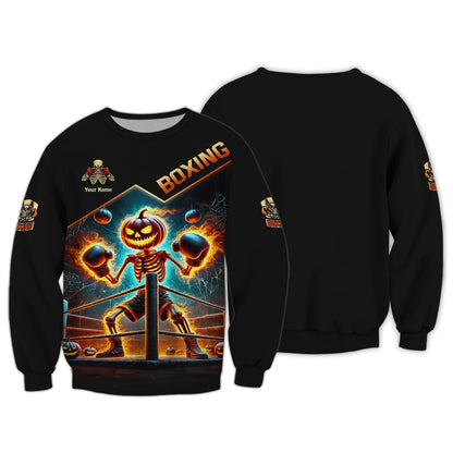 3D Full Print Skull Pumpkin Boxing T-Shirts Personalized Name Gift For Halloween Lovers, All Over Printed