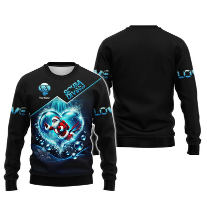 3D Full Print Santa Claus Scuba Diving Heart Shirts Personalized Name Gift For Diver Lovers, All Over Printed