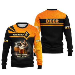 Beer Personalized 3D Shirt I Need Beer Right Meow Custom Name Shirt Gift For Beer Lovers, All Over Printed