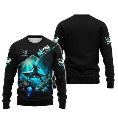 3D Full Print Diver T-Shirt Underwater Adventure With Sharks Personalized Name Gift For Diver Lovers, All Over Printed
