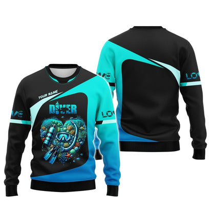 Scuba Diving Heart Custom Name 3D Shirt Personalized Gift For Diver Lovers, All Over Printed