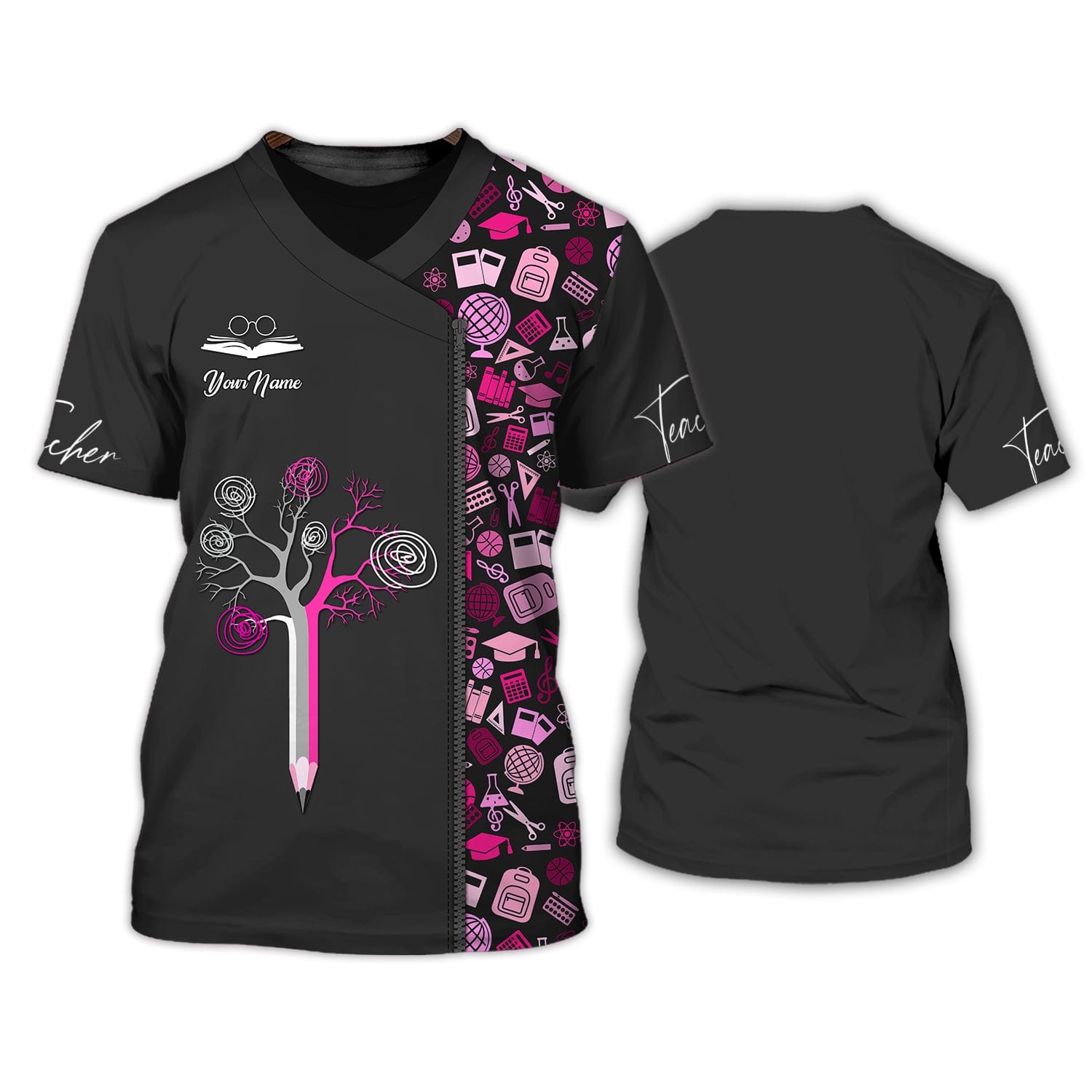 Personalized Teacher All Over Print Shirt -  Black And Pink Color, Wisdom's Tree On A Vivid Backdrop