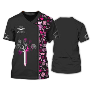 Camiseta personalizada con estampado integral para profesores: color negro y rosa, árbol de la sabiduría sobre un fondo vívido