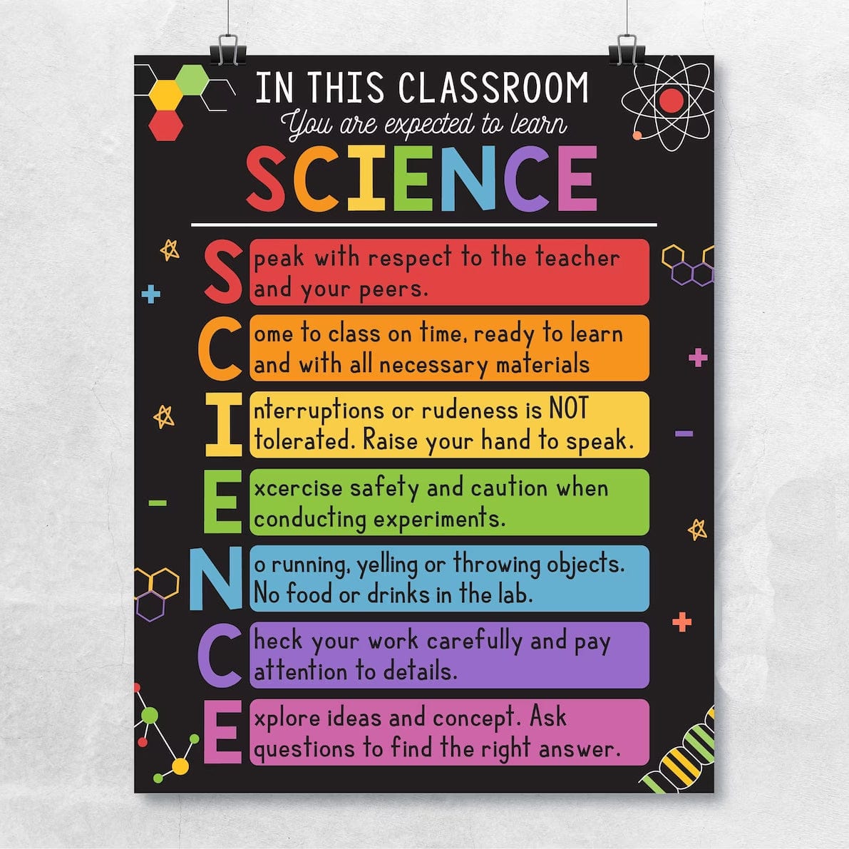 Póster de reglas para el aula de ciencias, decoración para la clase de ciencias, arte imprimible para el laboratorio de ciencias, letrero para el aula, regalos para profesores de ciencias