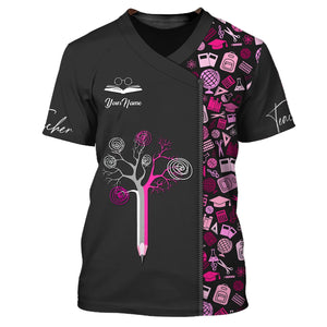 Camiseta personalizada con estampado integral para profesores: color negro y rosa, árbol de la sabiduría sobre un fondo vívido