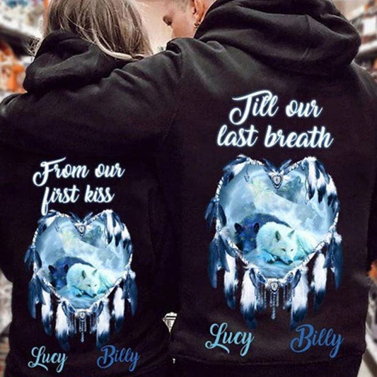 Desde nuestro primer beso hasta nuestro último aliento Camisetas de pareja de San Valentín personalizadas con diseño de lobo