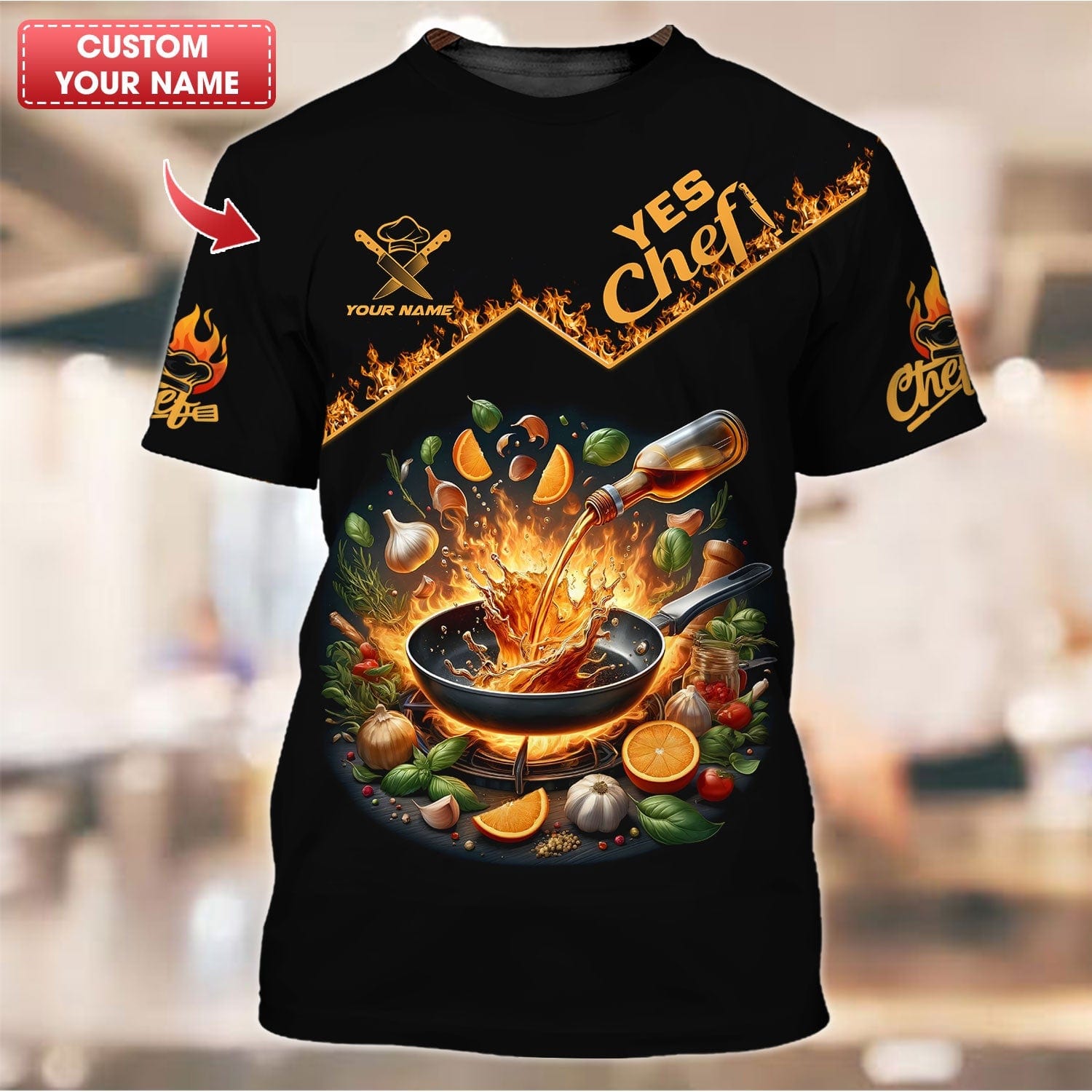 Personalized Chef Shirt - Fiery Skillet & Colorful Ingredients Display