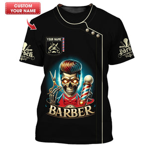 3D Full Print Skull Barber Shirt Personalized Name Gift For Barber Lovers, All Over Printed