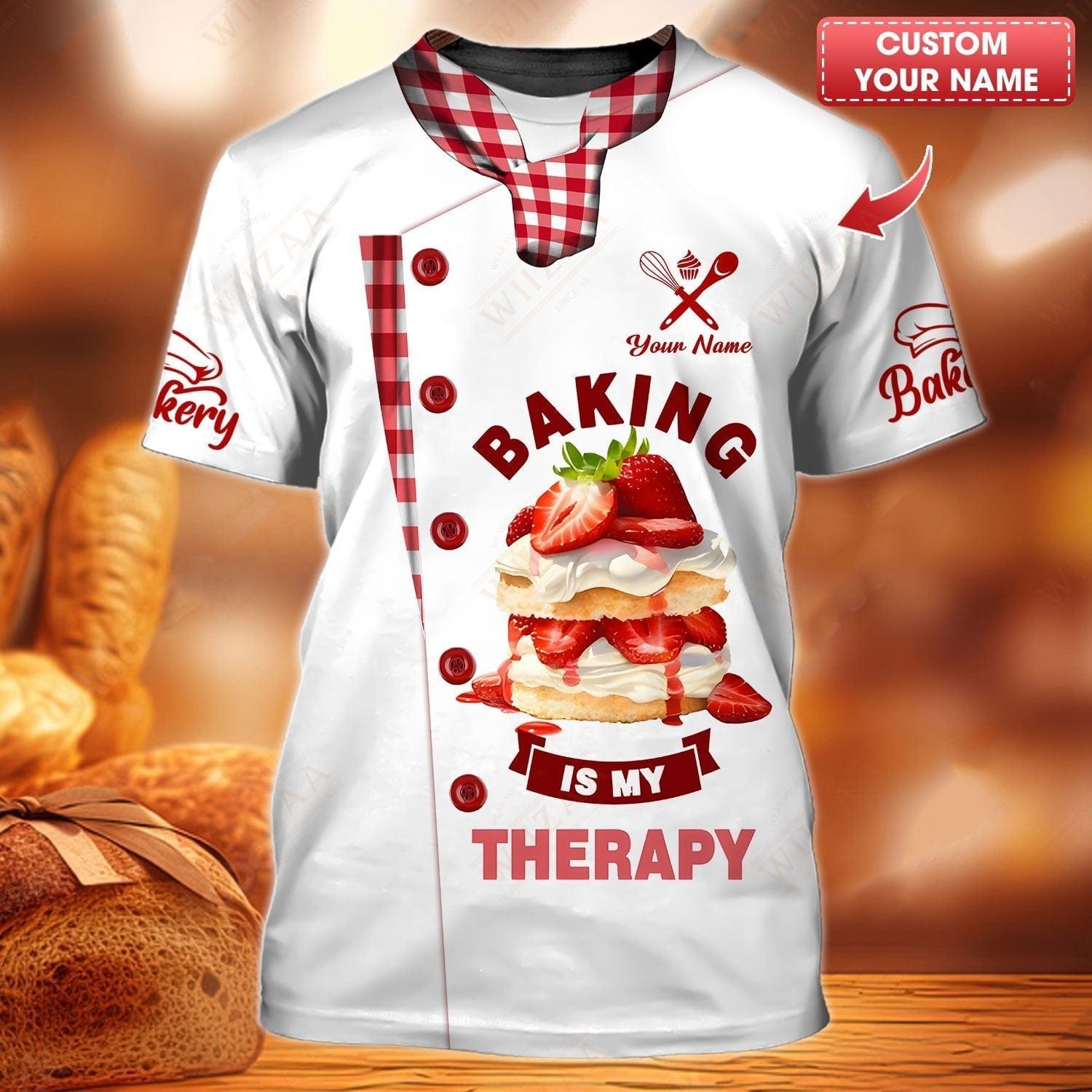 Personalized Baker Shirt - 'Baking is My Therapy' Strawberry Cake Motif