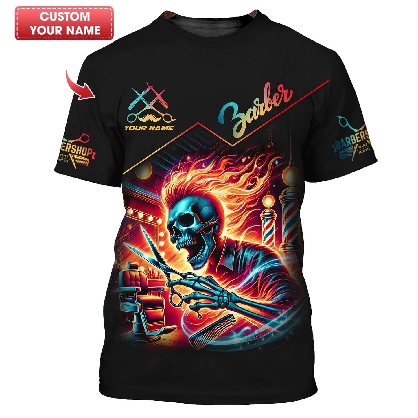 Personalized Barber Shirt - Flaming Skull Haircut Master, All Over Printed