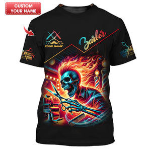 Personalized Barber Shirt - Flaming Skull Haircut Master, All Over Printed