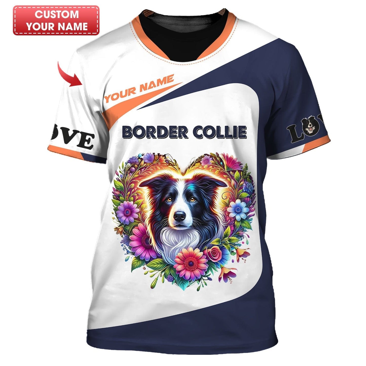 Personalized Border Collie Shirt - Vibrant Floral Heart Design, All Over Printed