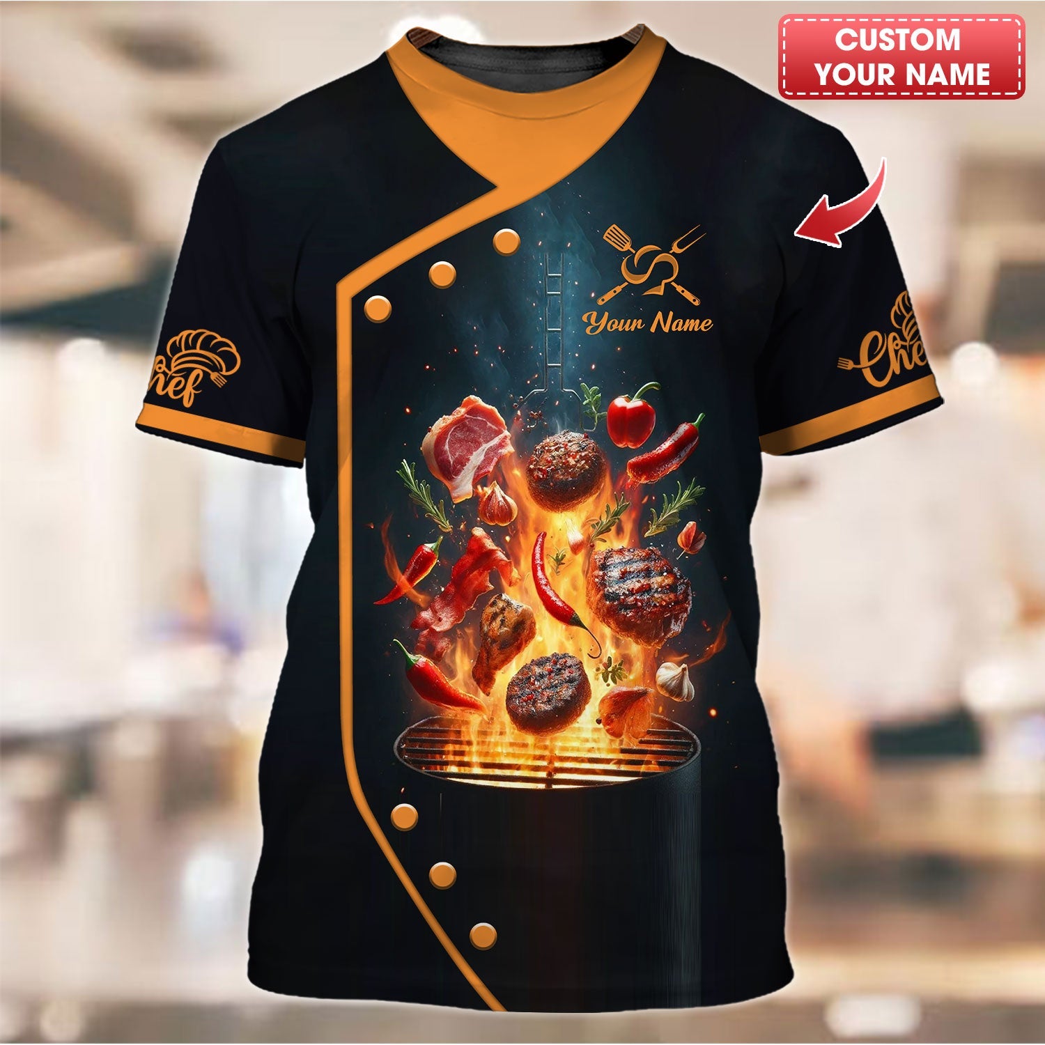 Personalized Chef Shirt - Fiery BBQ Design for Grill Masters, All Over Printed