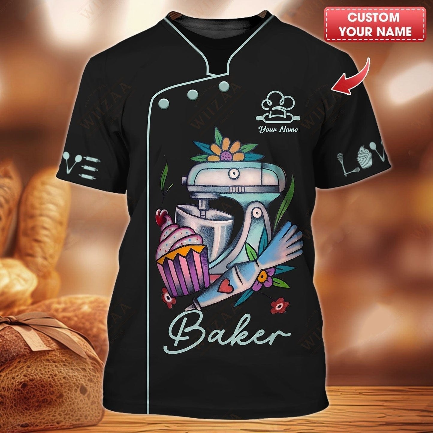 Personalized Baker Shirt - Playful Kitchen Mixer and Cupcake Artwork