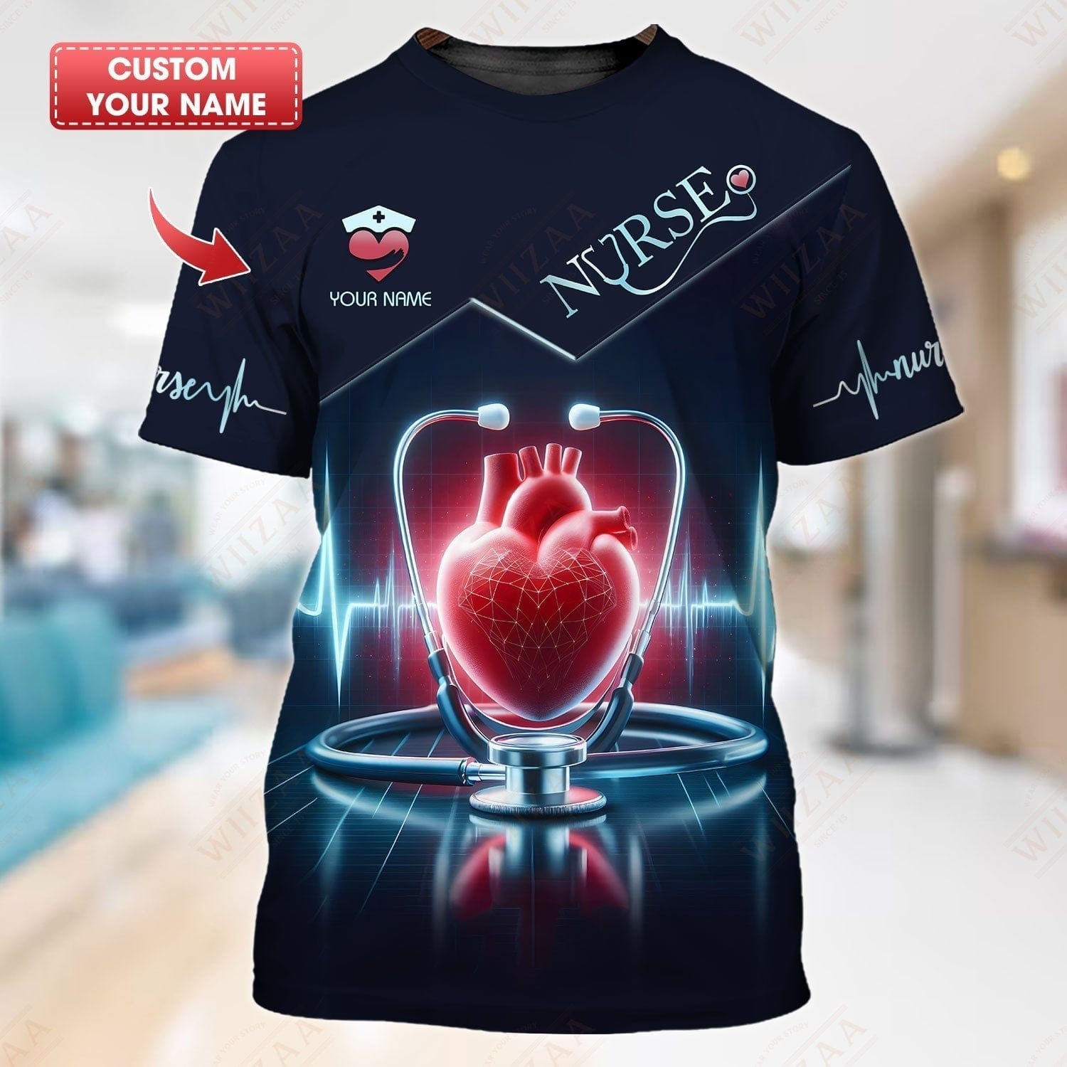 Personalized Nurse T-Shirt - EKG Line and Stethoscope Print | Relaxed Medical Apparel