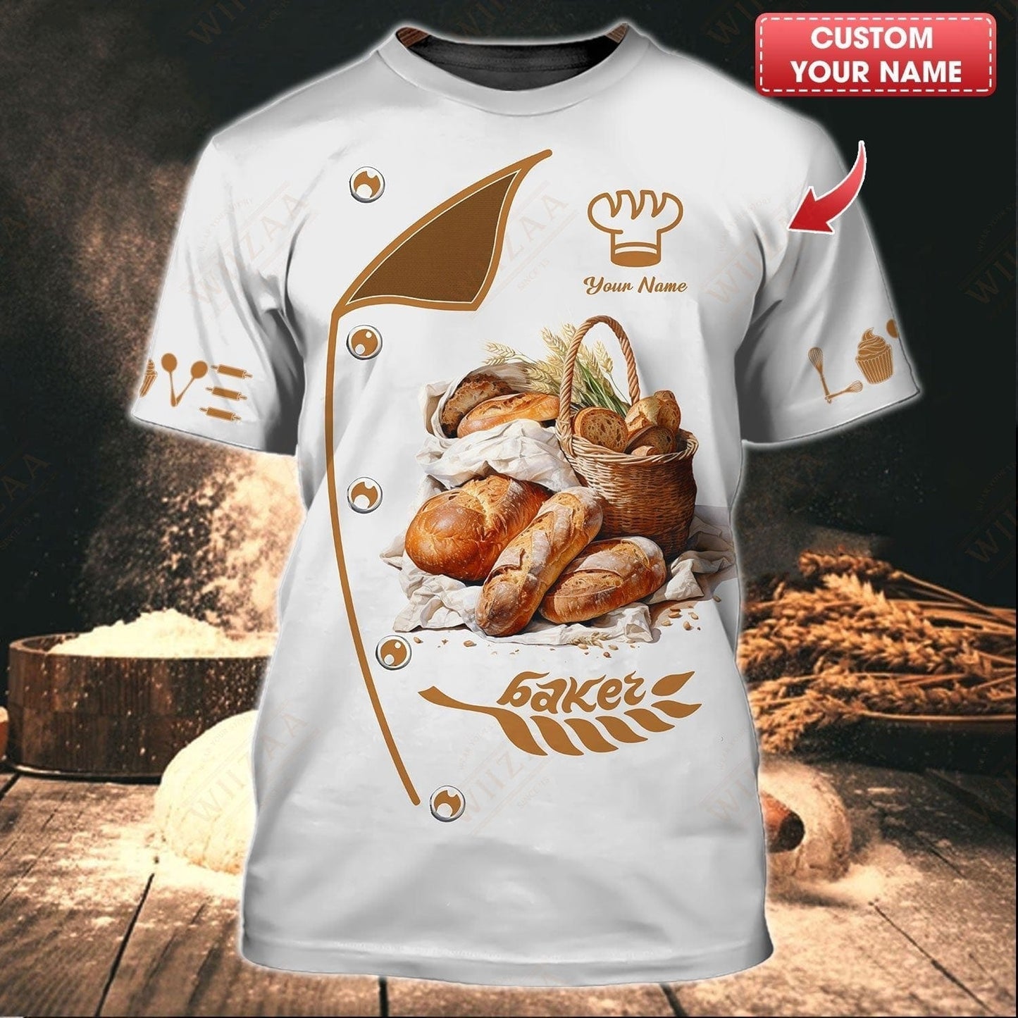 Personalized Baker Shirt - Oven-Warm Bread & Shimmering Wheat Pattern