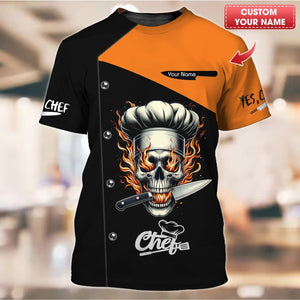 Camisa de chef personalizada: diseño llamativo de calavera en llamas para cocineros entusiastas