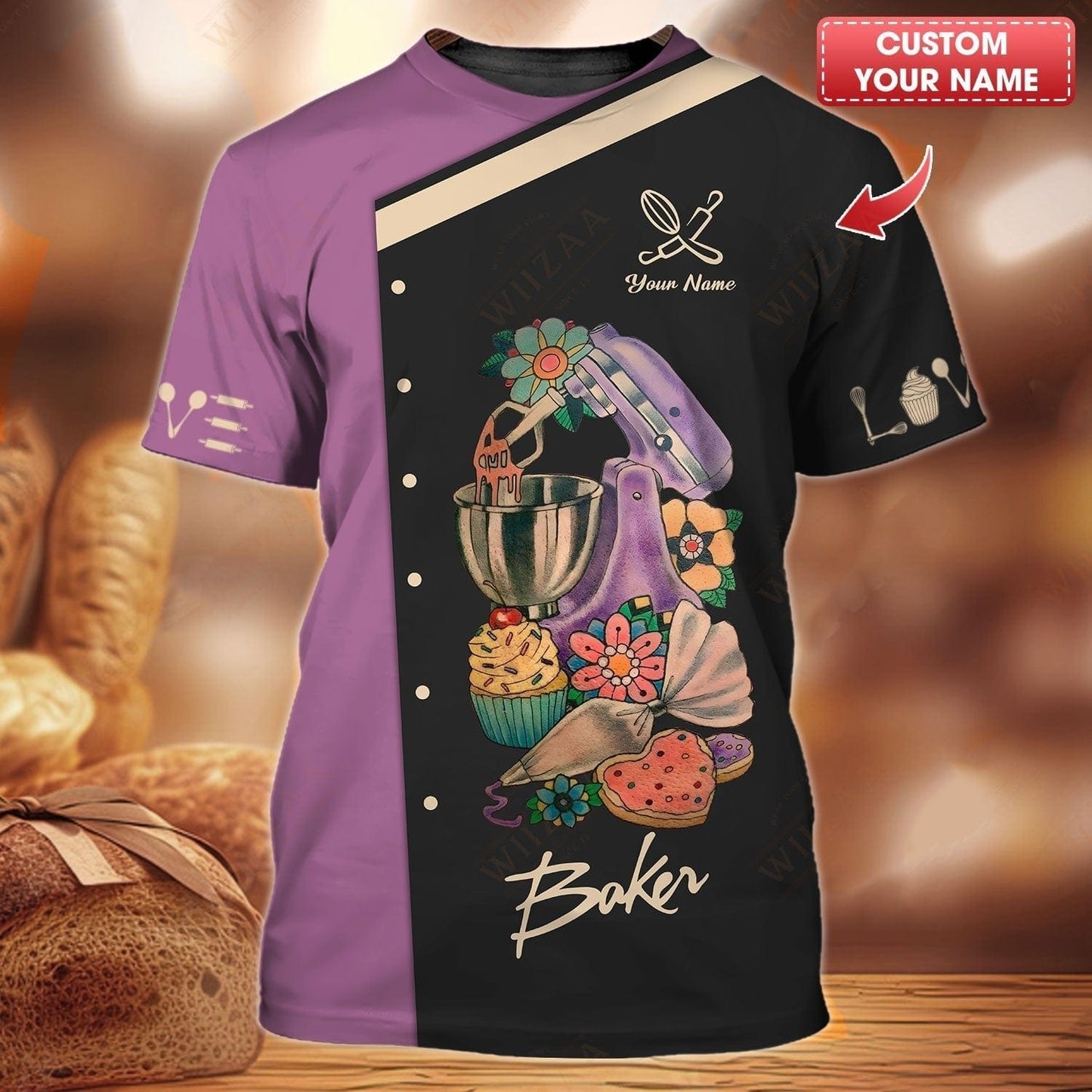 Personalized Baker Shirt - Bold Mixer & Pastry Graphics on Mauve Background