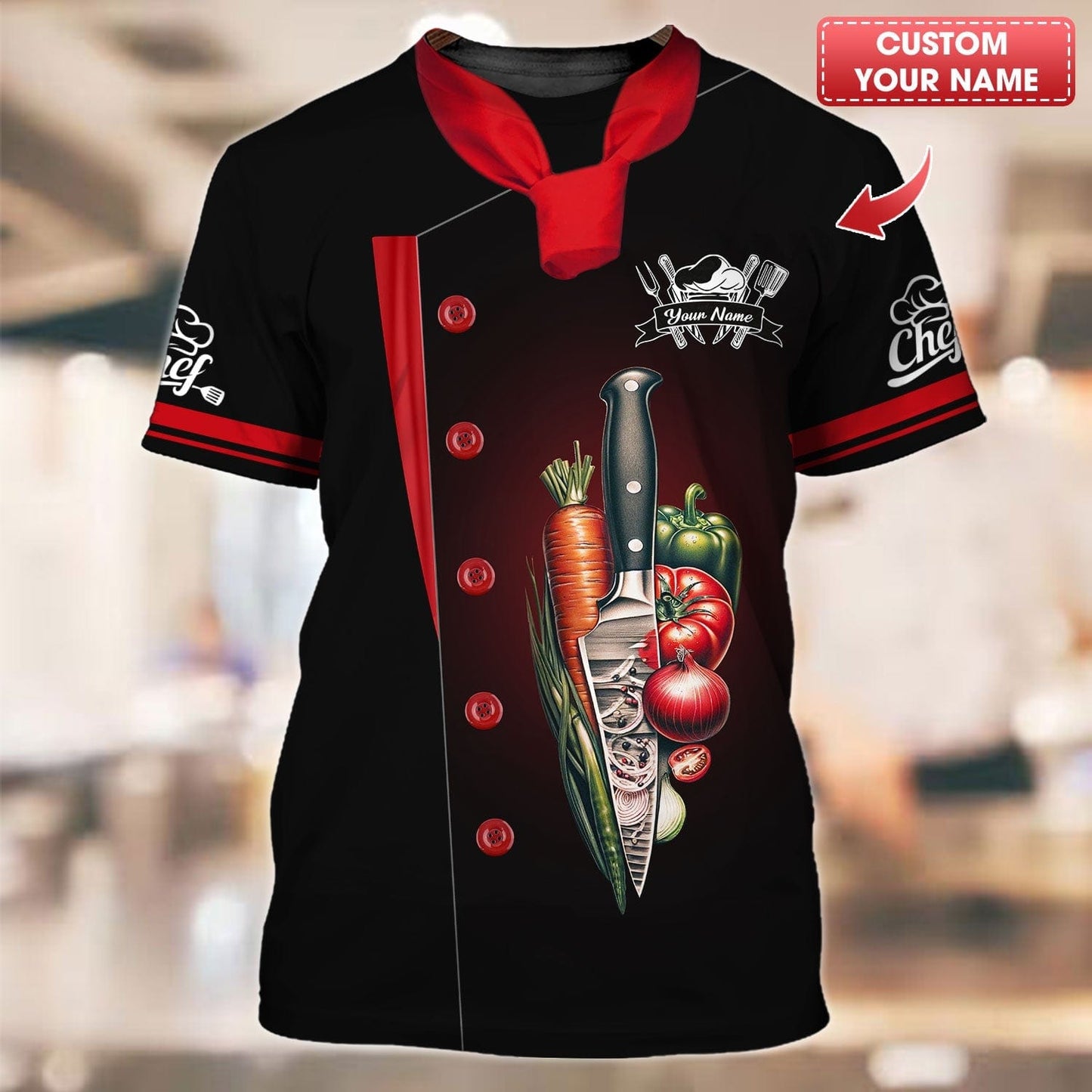 Personalized Chef Shirt - Fresh Harvest Knife & Vegetables Emblem, All Over Printed