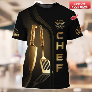 Camisa de chef personalizada: lujosos detalles dorados y diseño de utensilios gourmet