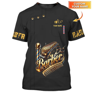 3D Full Print Golden Barber Tools T-Shirts Personalized Name Gift For Barber Lovers, All Over Printed