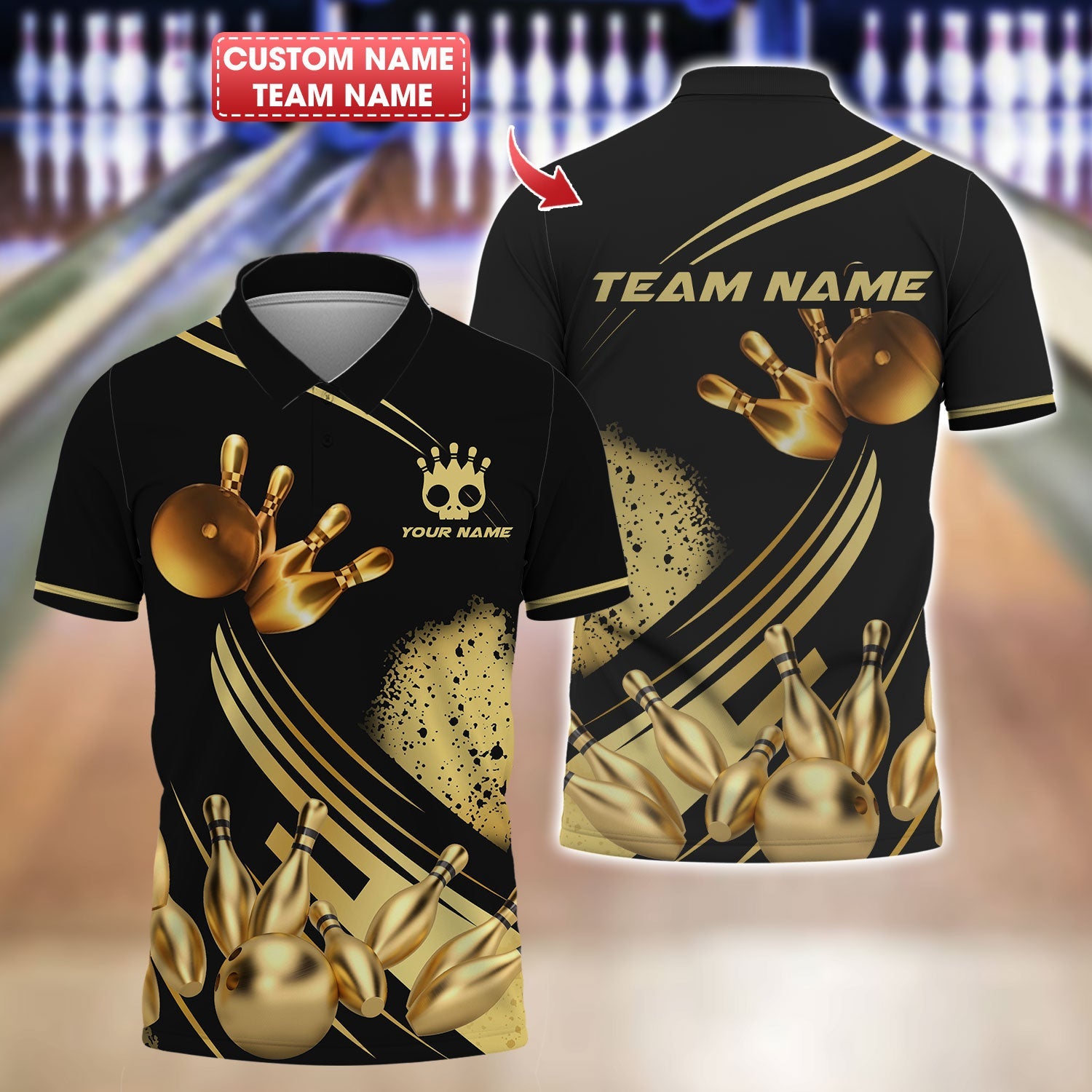 Personalized Bowling Team Shirt - Strike in Golden Style, All Over Printed