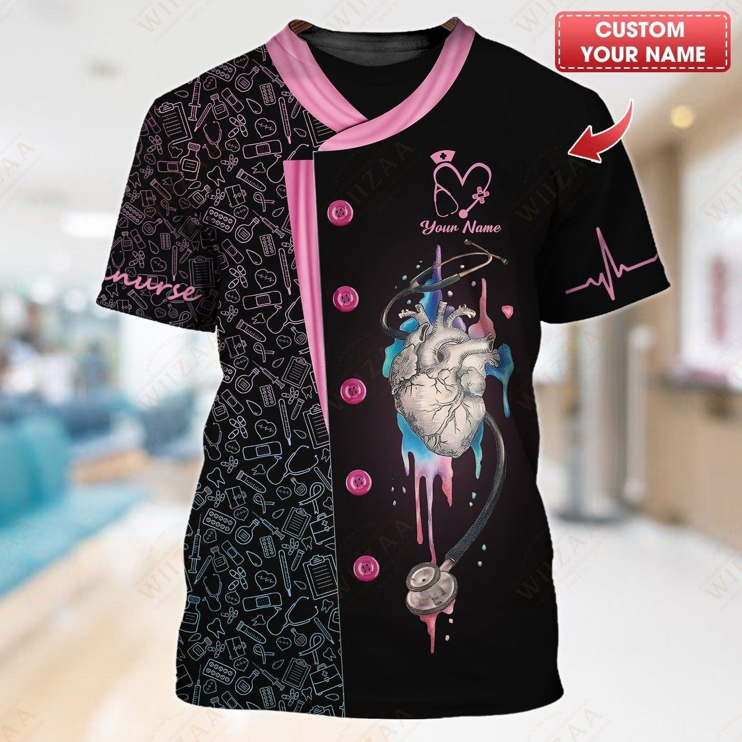 Camiseta de enfermera personalizada: ilustración de línea de ECG y corazón anatómico