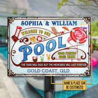 Personalized Flamingo Metal Sign - Welcome To Our Pool, Good Friends Good Times