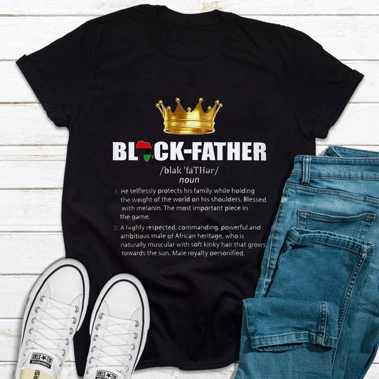 Camiseta del Día del Padre Afroamericano con Corona Dorada y Definición de Padre Negro