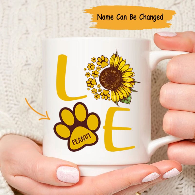 Personalized Dog Lover Mug - Paws, Sunflowers, and Love With Your Dog's Name