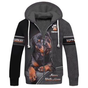 Rottweiler Custom Name Zipper Hoodie Never Walk Alone Gift For Dog Lover 3D Shirts, All Over Printed