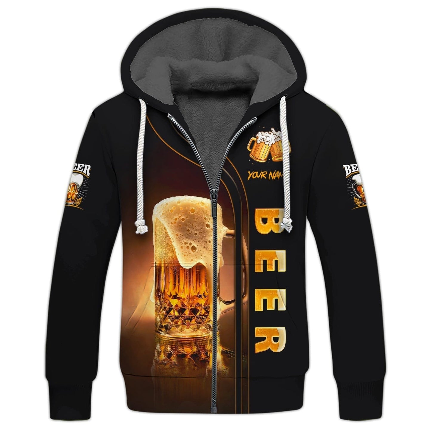 Love Beer 3D Custom Name Zipper Hoodie Personalized Gift For Beer Lovers, All Over Printed