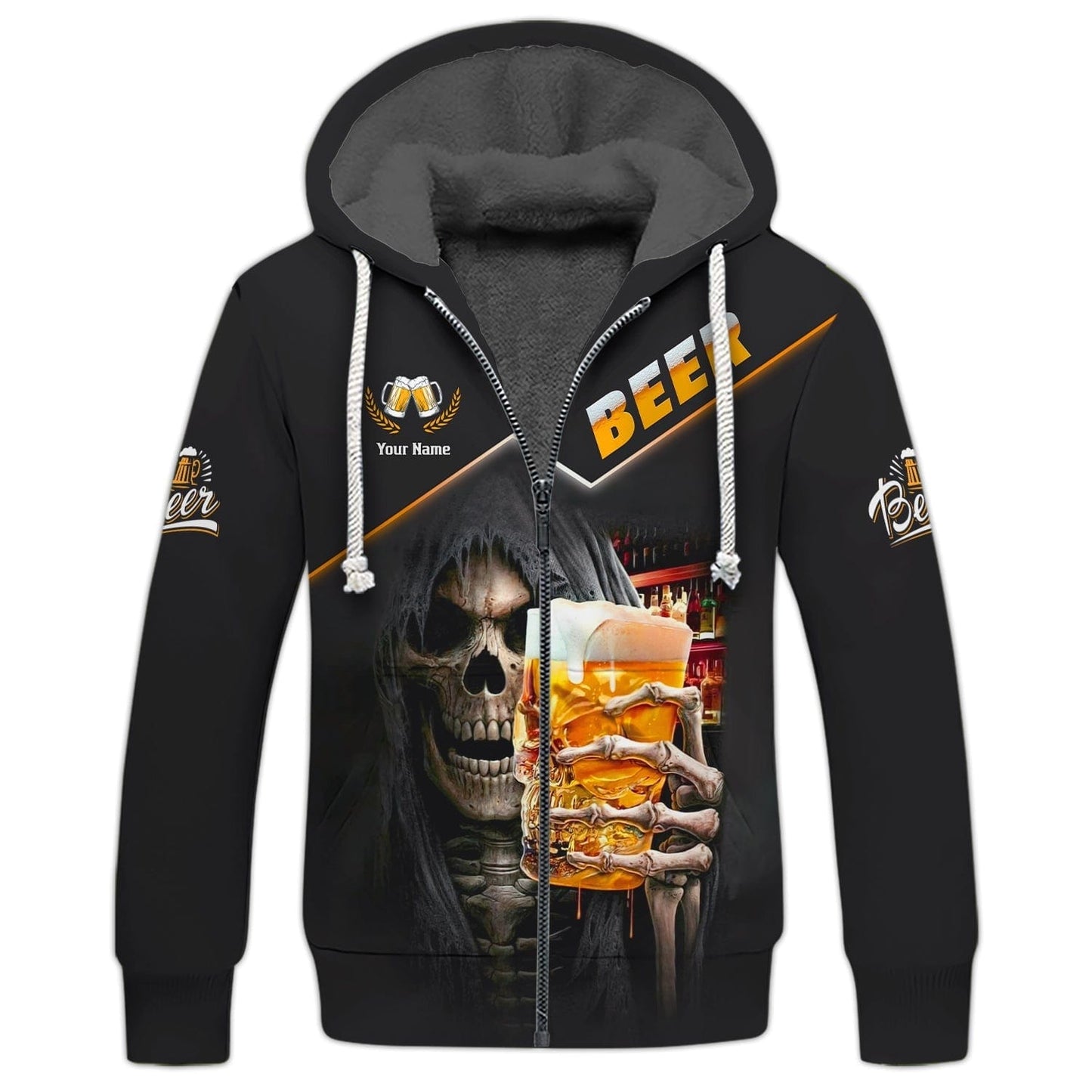 Beer Skull Cup Personalized Name 3D Zipper Hoodie Gift For Beer Lovers, All Over Printed