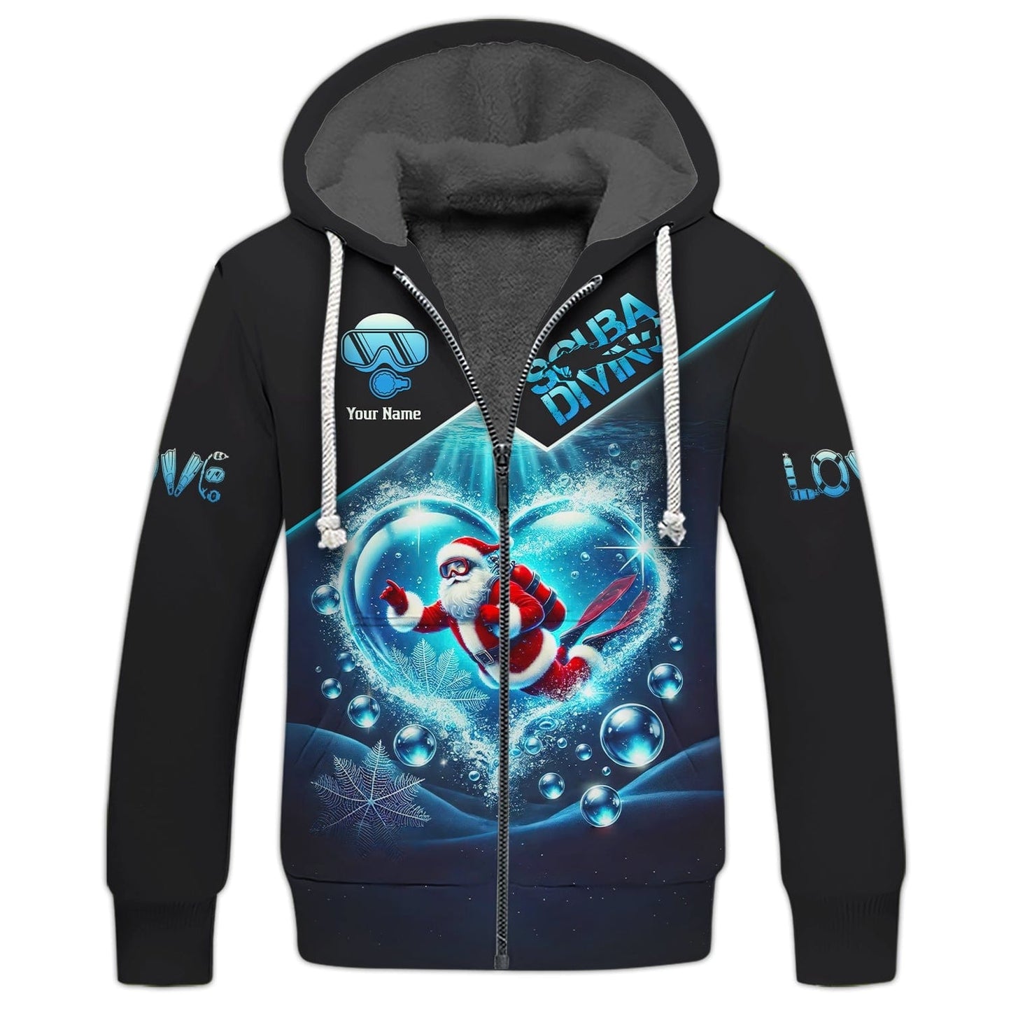 3D Full Print Santa Claus Scuba Diving Heart Shirts Personalized Name Gift For Diver Lovers, All Over Printed