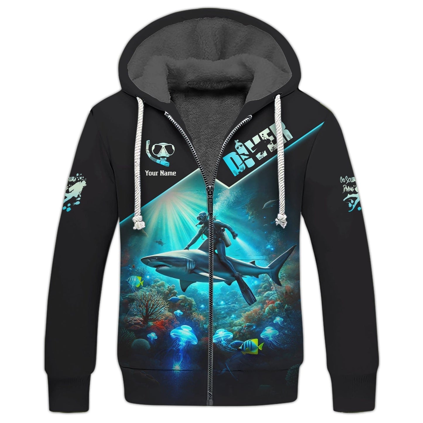 3D Full Print Diver T-Shirt Underwater Adventure With Sharks Personalized Name Gift For Diver Lovers, All Over Printed