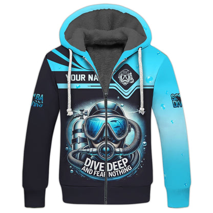 Scuba Diving Custom Name 3D Shirt Dive Deep And Fear Nothing Personalized Gift For Diver Lovers, All Over Printed