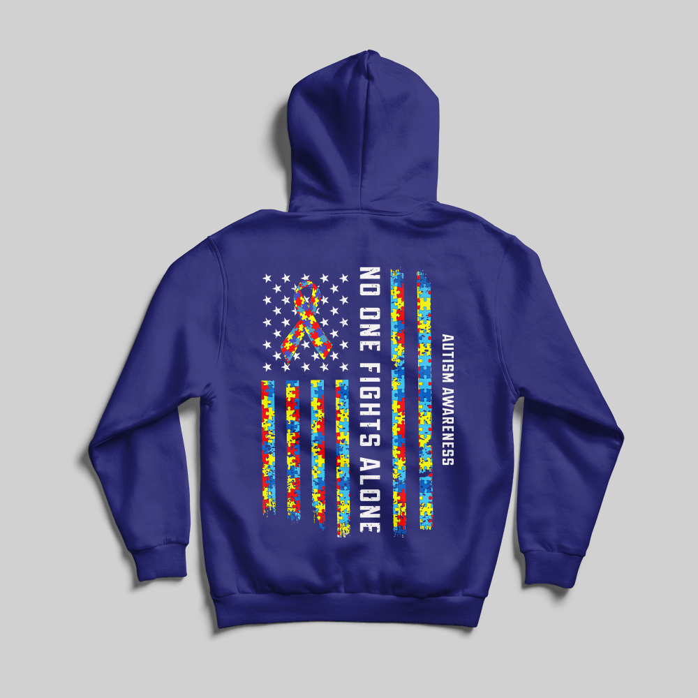 Camiseta de apoyo a la concienciación sobre el autismo, cinta con la bandera estadounidense que dice "Nadie lucha solo"