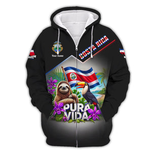 Pura Vida 3D Shirt Customizable With Name Featuring Sloth And Toucan, All Over Printed