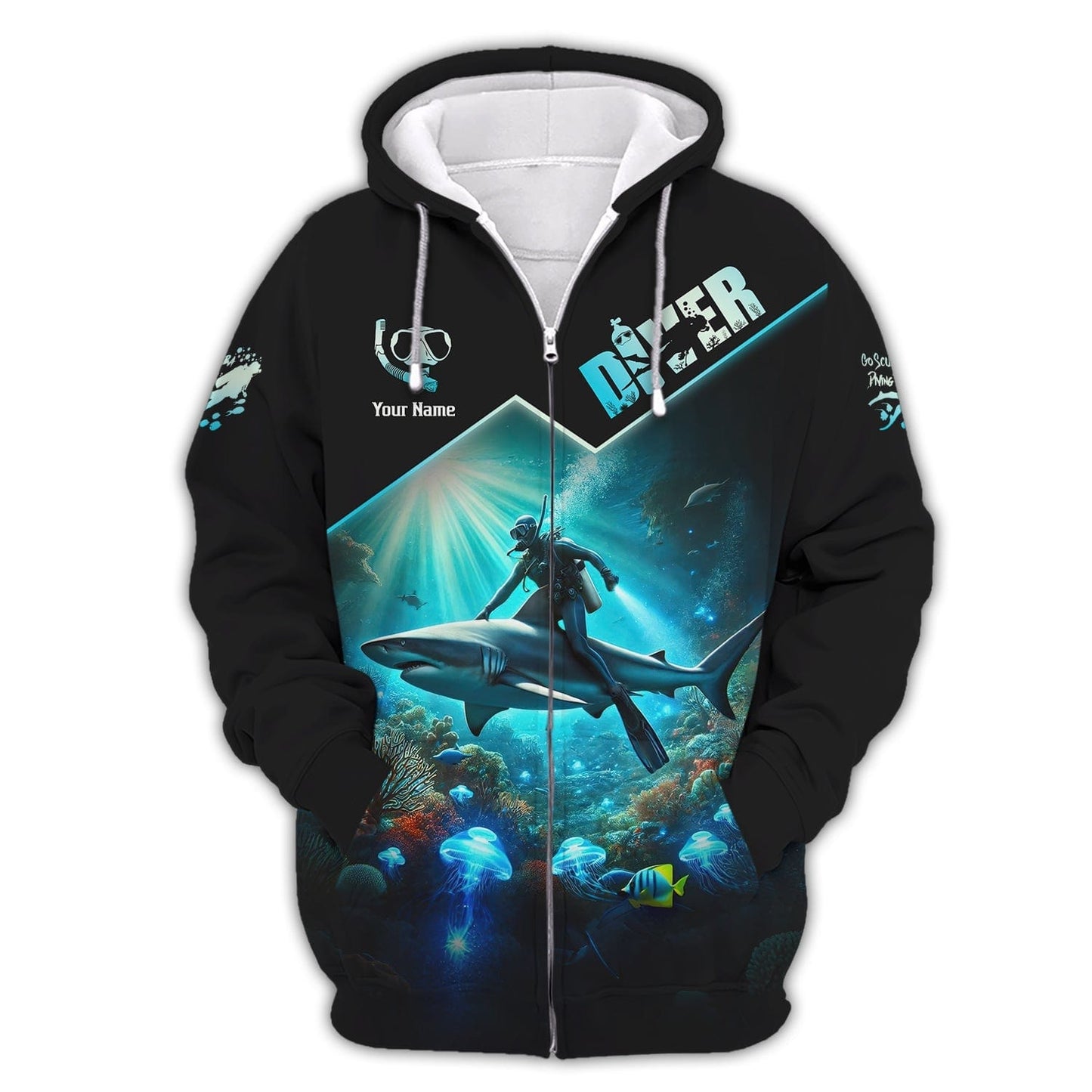 3D Full Print Diver T-Shirt Underwater Adventure With Sharks Personalized Name Gift For Diver Lovers, All Over Printed