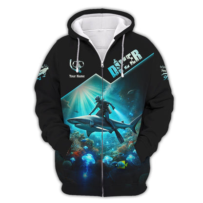 3D Full Print Diver T-Shirt Underwater Adventure With Sharks Personalized Name Gift For Diver Lovers, All Over Printed