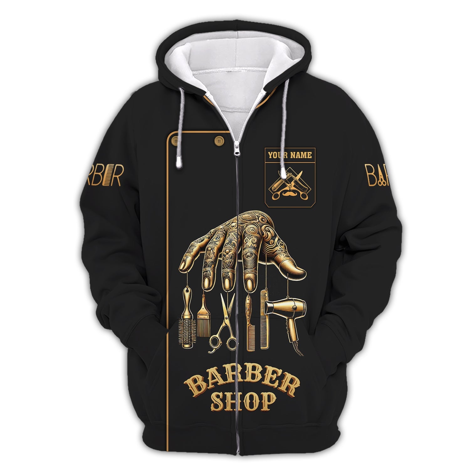 Barber Custom Name 3D T-Shirts Golden Hand In Barbering Shirt Gift For Barber Lovers, All Over Printed