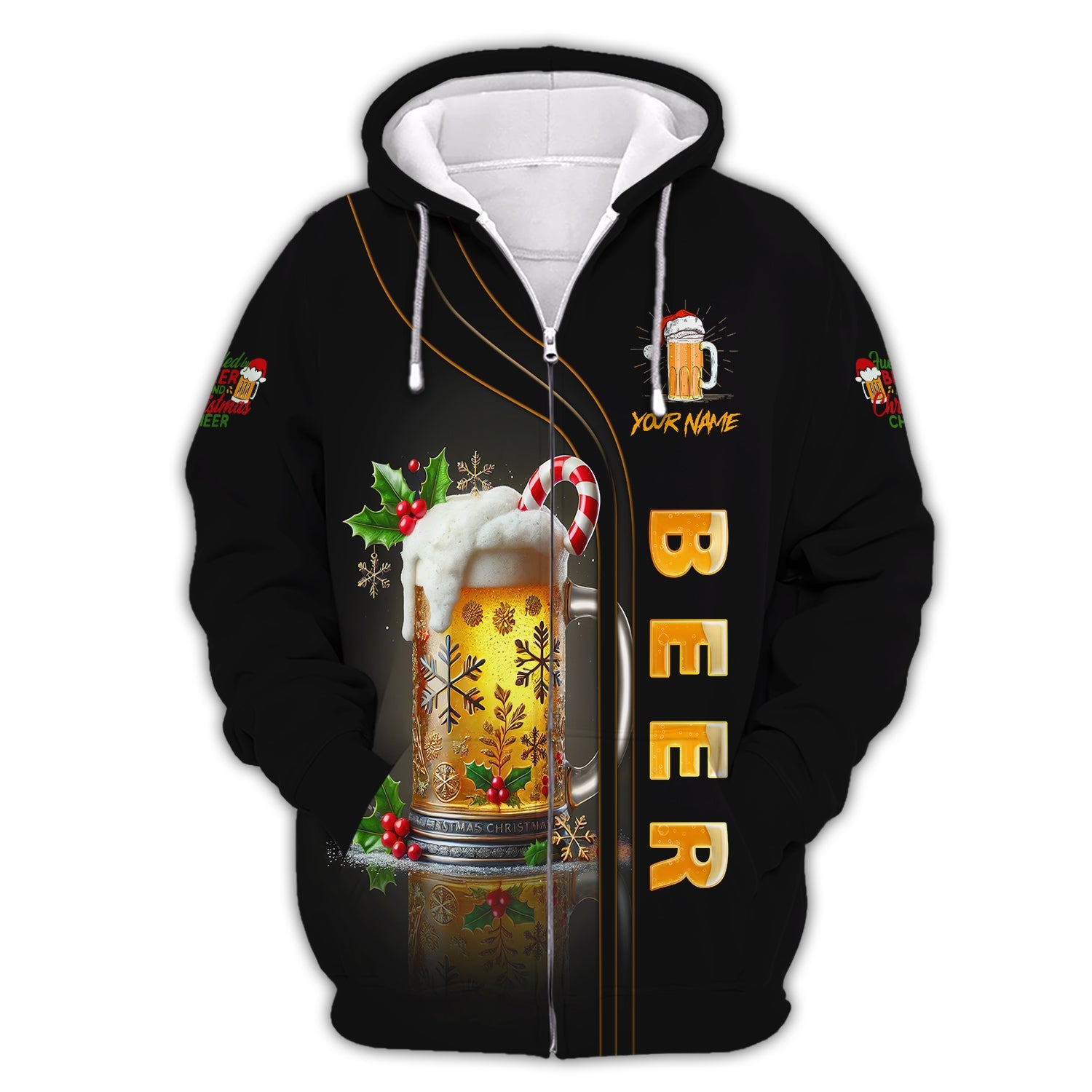 Unisex Christmas Beer Mug T-Shirt Personalized Name T-Shirt for Beer Lovers, All Over Printed