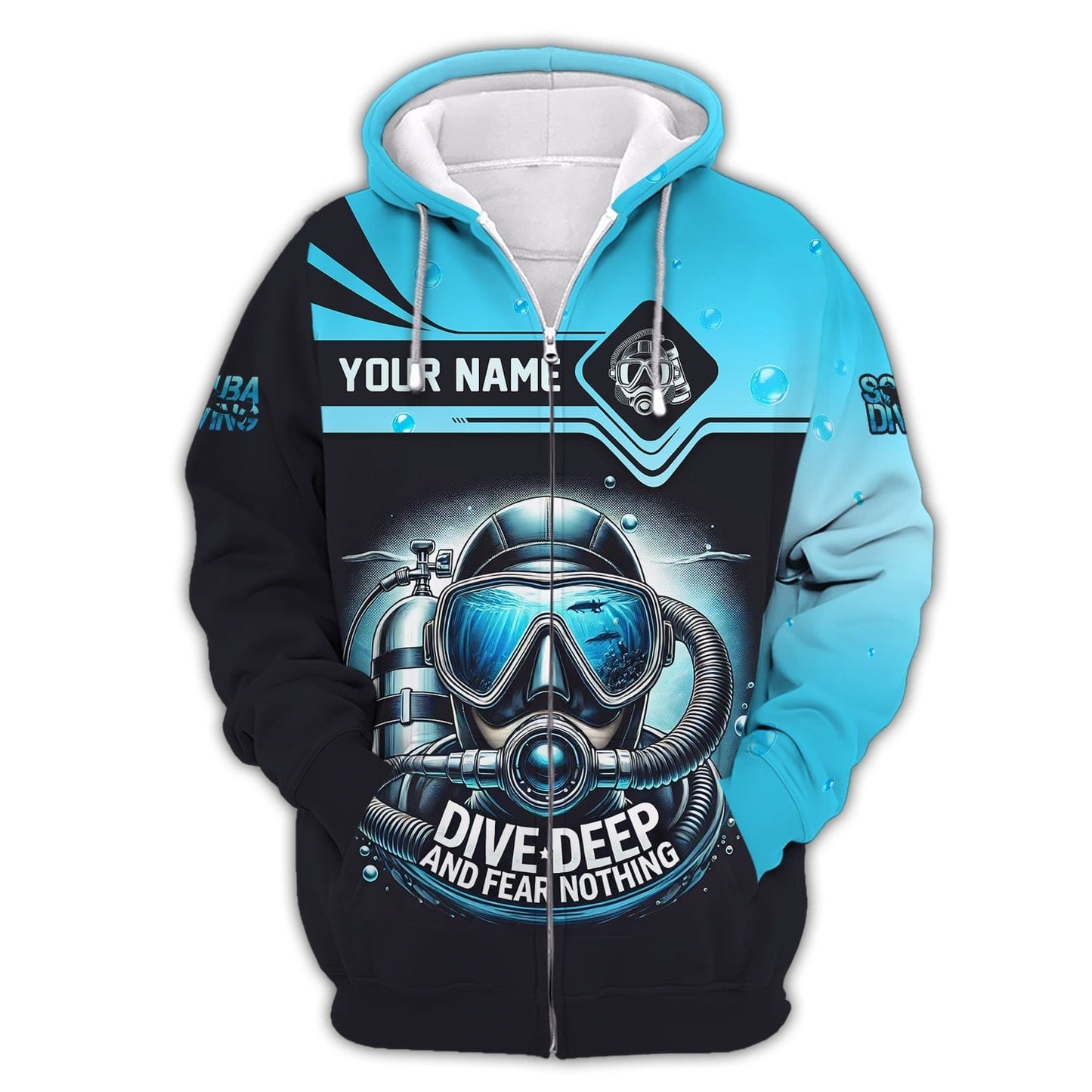 Scuba Diving Custom Name 3D Shirt Dive Deep And Fear Nothing Personalized Gift For Diver Lovers, All Over Printed